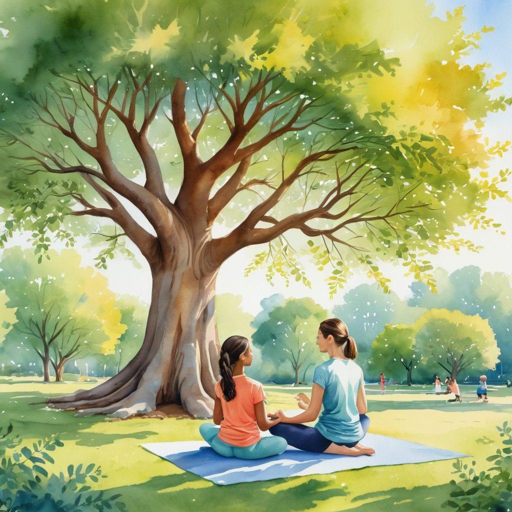 A serene family scene in a sunny park, showcasing a diverse family engaging in activities that promote mental wellness, such as yoga for parents and playful interactions with children. Incorporate visual elements like a wellness tree with branches symbolizing resources and connections, alongside a map of New Jersey subtly integrated in the background. Soft pastel colors to evoke a calm and inviting atmosphere. watercolor illustration. vibrant colors. harmonious theme.