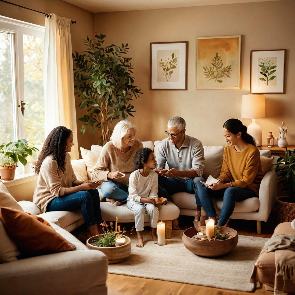 A serene family gathering in a cozy home setting, surrounded by visual representations of holistic health resources like herbal remedies, wellness books, and support networks. Include soft lighting that conveys warmth and empathy, emphasizing the importance of family-centered care. Add diverse family members engaging in collaborative activities, symbolizing support and connection. Illustration style: warm color palette, soft focus, and gentle brush strokes.